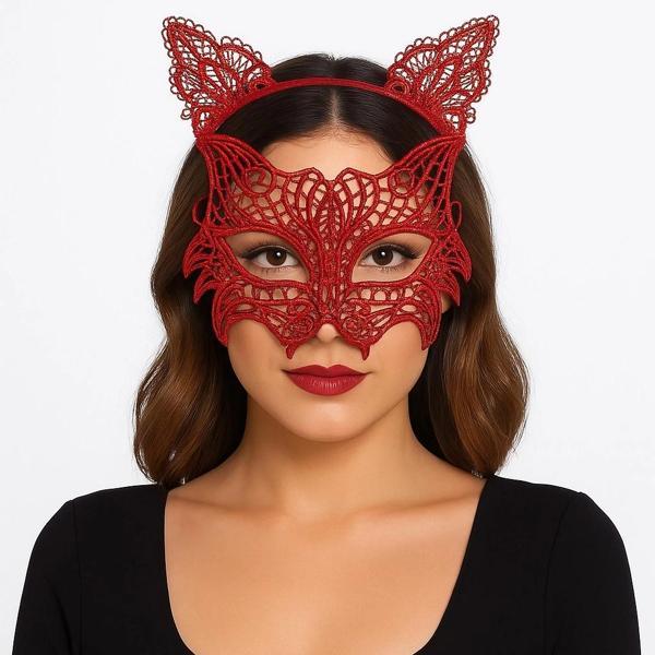 Kırmızı Dantel Kedi Maskesi ve Dantel Taç Seti 8 No – Kadın Kostüm Aksesuarı (5365) - Image 1