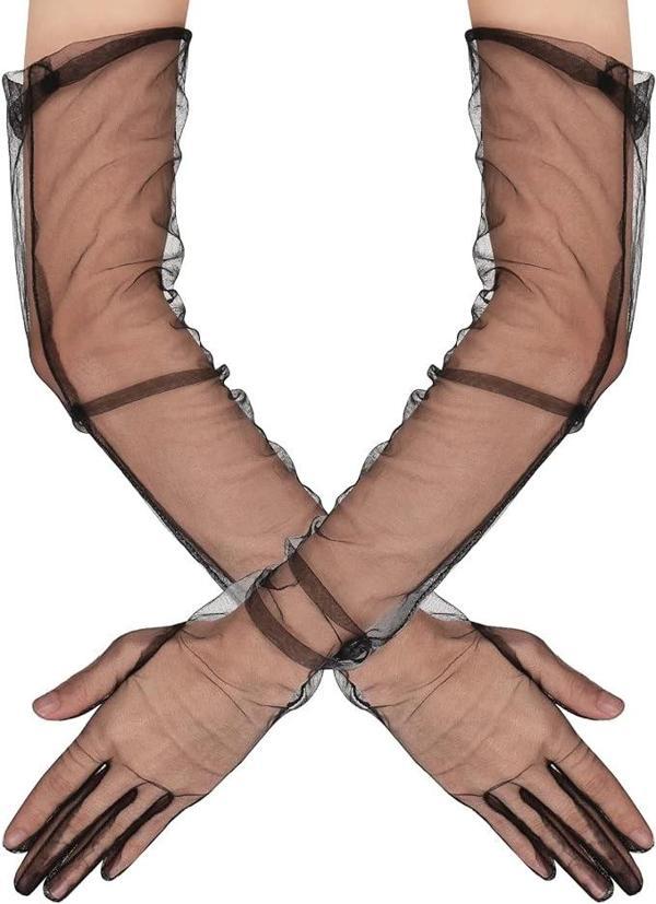 Uzun Boy Likralı Siyah Renk Yetişkin Mega Tül Eldiven 53 cm (5365) - Image 1