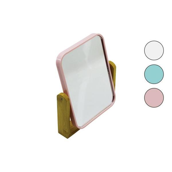 DİKDÖRTGEN=20.5X15.5CM AHŞAP BAMBU AYAKLI MAKYAJ AYNASI ÇİFT TARAFLI RENKLİ PLASTİK ÇERÇEVE (5365) - Image 1