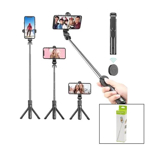 SİYAH  SELFİ ÇUBUK - TRİPOD AYAKLI  57CM UZAYAN-KISALAN SAPLI + 10CM =67CM (5365) - Image 1
