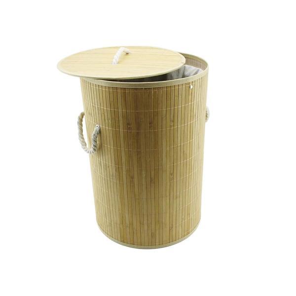 YUVARLAK BAMBU AHŞAP KİRLİ ÇAMAŞIR SEPETİ 35X60CM SEYYAR KAPAKLI İÇİ BEZLİ İP KULPLU (5365) - Image 1