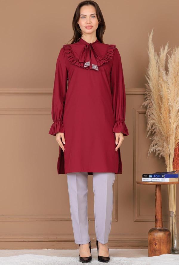 Asel Tunik Pantolon İkili Tesettür Takım Bordo - Image 1