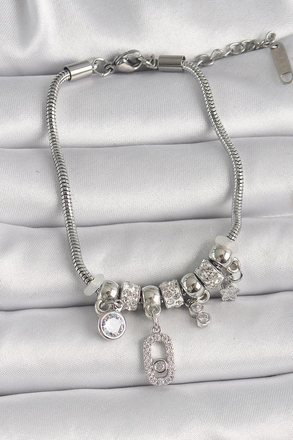 Pirinç Gümüş Renk Zincir Sallantı Zirkon Taşlı Messika Figür Yıldız Detay Kadın Bileklik - Image 1