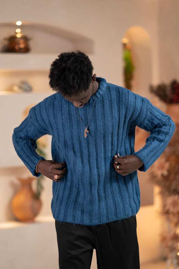 Oversize Kendinden Çizgili Pamuklu Kalın Triko Spor Kazak - Image 1