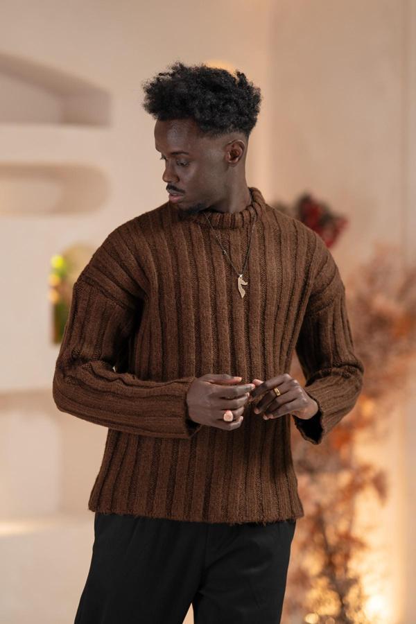 Oversize Kendinden Çizgili Pamuklu Kalın Triko Spor Kazak - Image 1