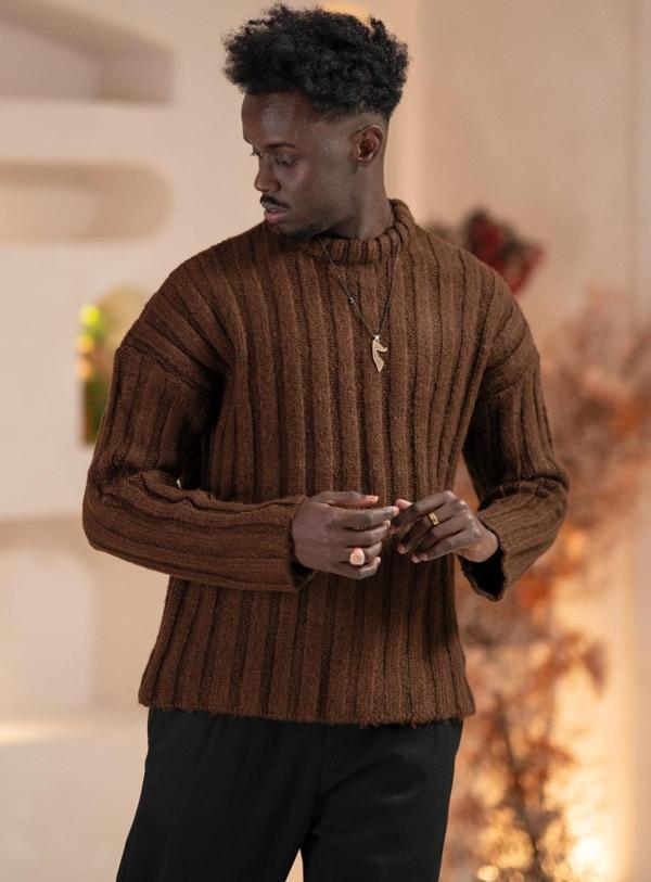 Oversize Kendinden Çizgili Pamuklu Kalın Triko Spor Kazak - Image 1