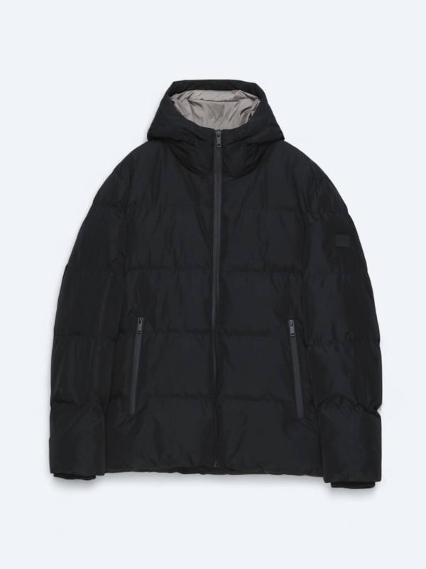 Siyah Kapüşonlu Casual Dokuma Kaban - Image 1