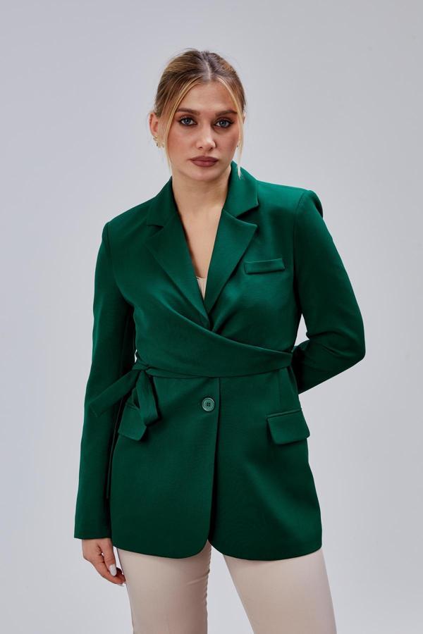 Zümrüt Yeşili Kuşaklı Regular Astarlı Kruvaze Kapama Dokuma Blazer Ceket  - Image 1