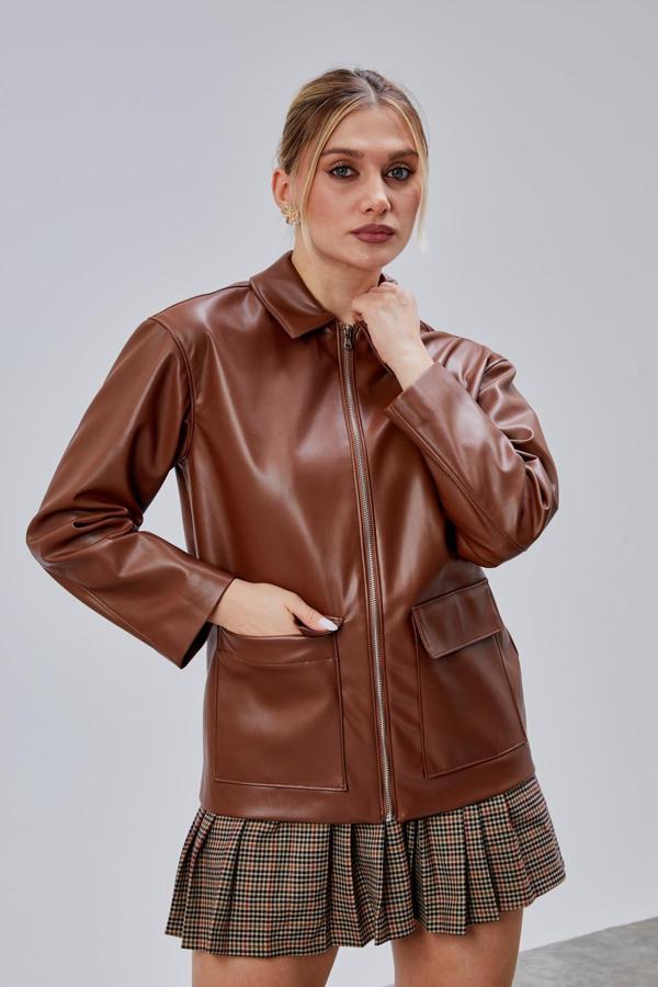 Kahverengi Regular Fit Deri Ceket - Image 1