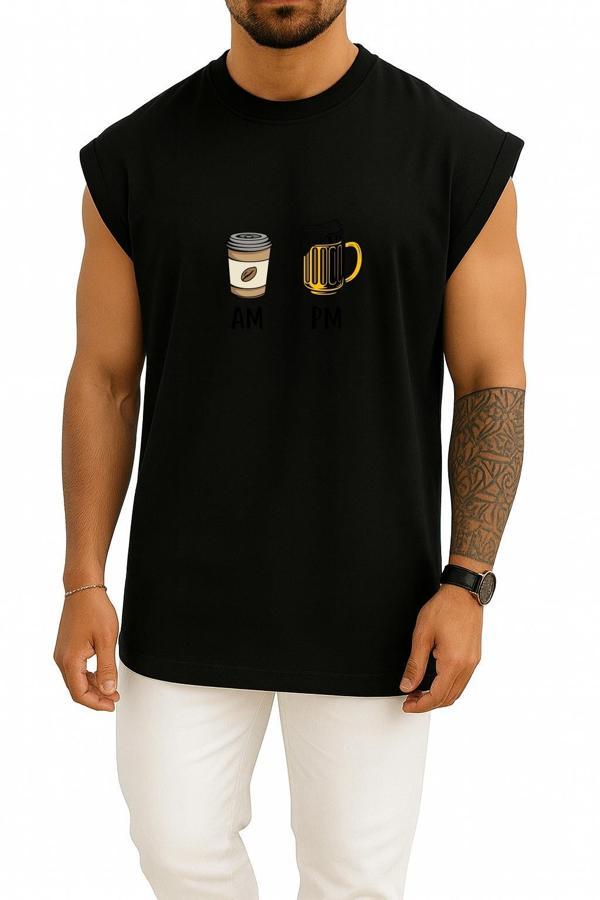 Oversize Sabah Kahve Akşam Beer Göğüs ve Sırt Tasarımlı Atlet - Image 1