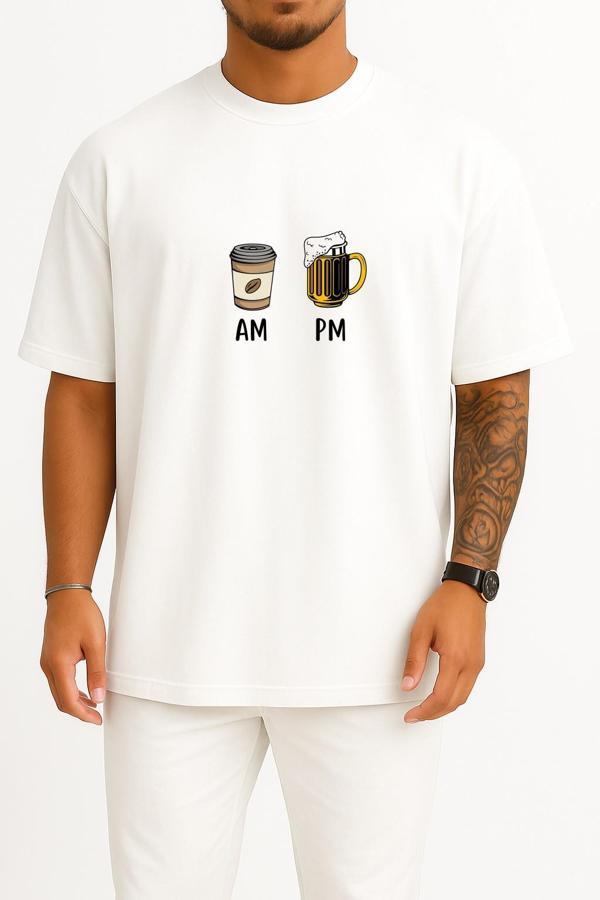 Oversize Sabah Kahve Akşam Beer Göğüs ve Sırt Tasarımlı Unisex T-Shirt - Image 1