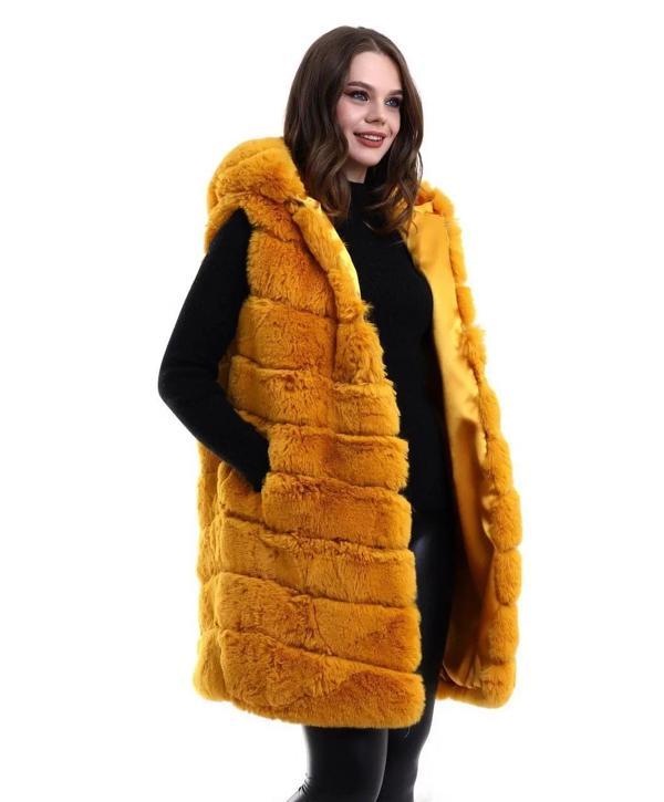 Kadın Kapşonlu Peluş Kürk Yelek Premium Kalite, Tam Astarlı, Uzun Model - Sarı - Image 1