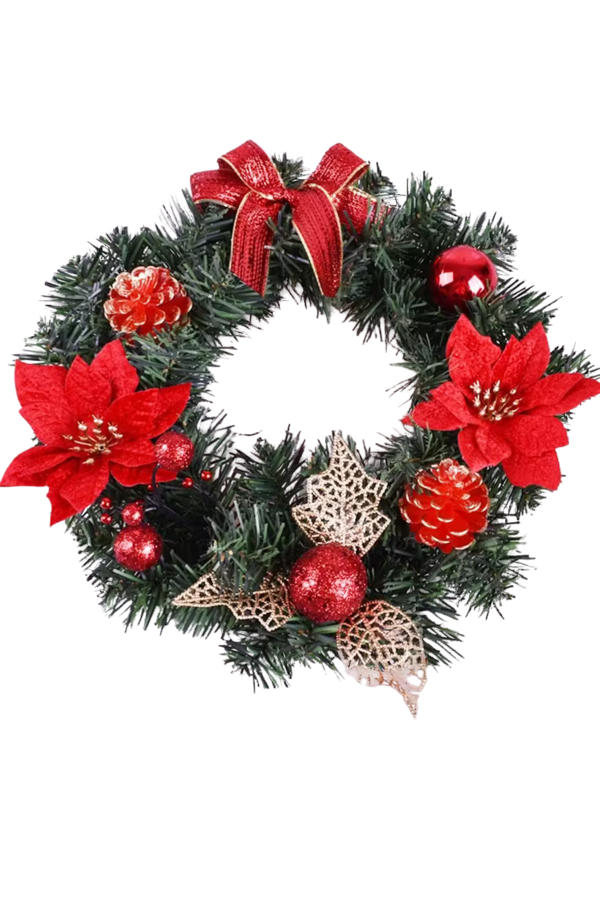 30 cm Kırmızı Altın Noel Kapı Çelengi | Çam Kozalı ve Poinsettia Çiçekli Şömine & Duvar Dekoru - Image 1