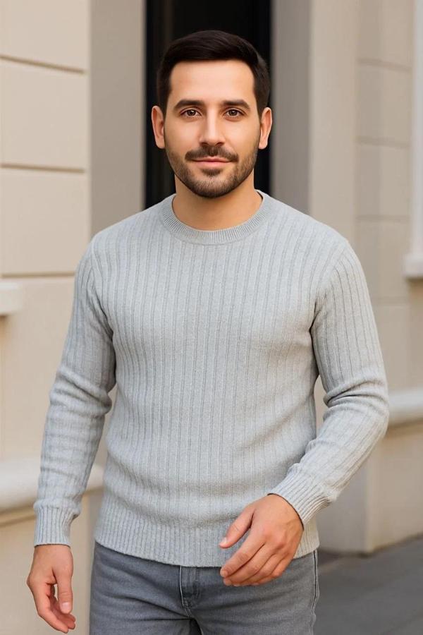 Erkek Bisiklet Yuvarlak Yaka Triko Kazak Pamuklu Kalın Fitilli Dokuma, Regular Fit Uzun Kollu Kışlık - Image 1