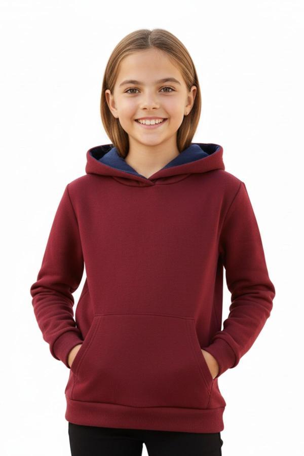 Kız Çocuk Bordo Kapüşonlu Cepli 3 İplik  Sweatshirt BGL-ST04998 - Image 1