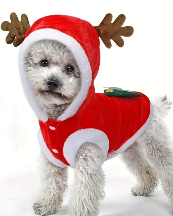 Noel Baba Geyiği Köpek Kostümü – Küçük Irk Evcil Hayvanlar İçin Polyester Kapüşonlu Çıtçıtlı Fleece Tatil Kıyafeti - Image 1
