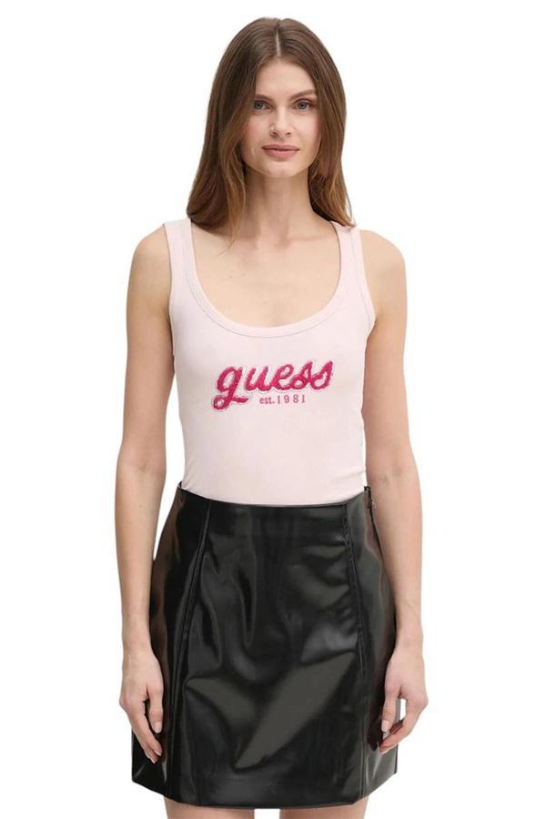 Guess CHENILLE LOGO TANK TOP RIB Kadın Pembe Atlet W5RP03KA0H1-A60W - Image 1