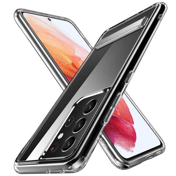 Galaxy S21 Ultra Uyumlu Standlı Şeffaf Silikon MKST L-Stand Kılıf-Renksiz - Image 1