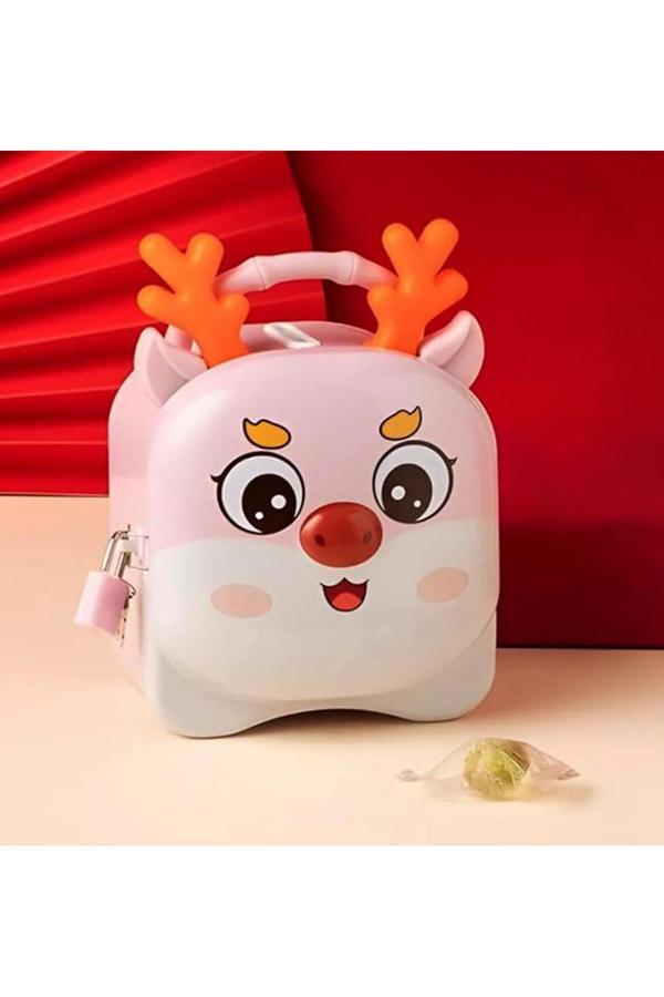 Sevimli Geyik Şeklinde Metal Kumbara Kilitli Kumbara Pembe - Image 1