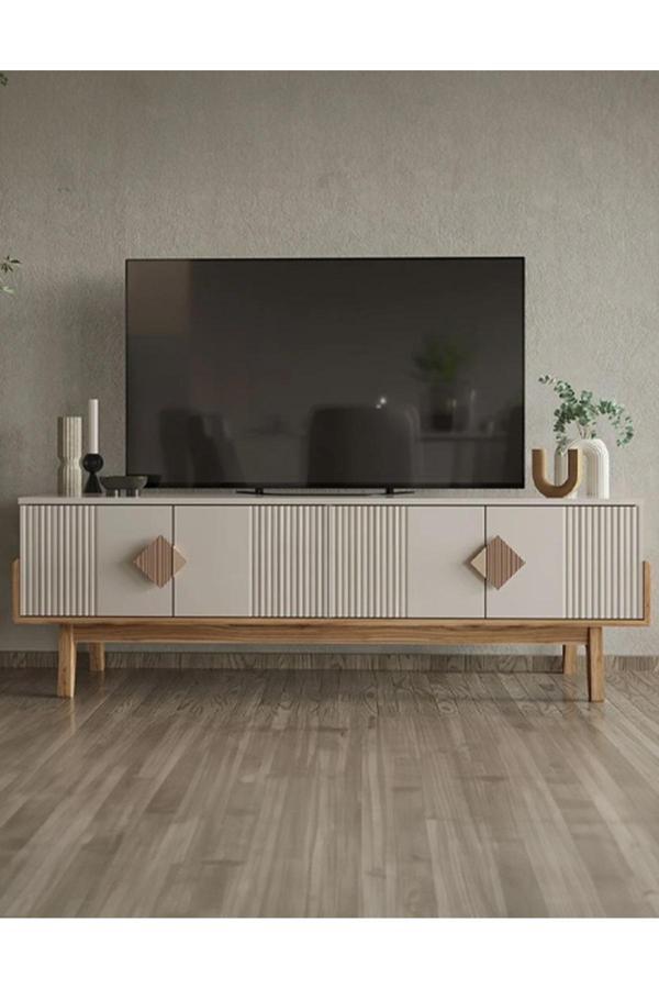 Modalife Salda Tv Ünitesi – 180 Cm – Modern Çizgili Tasarım – Krem & Ceviz – Yüksek Ayaklı - Image 1