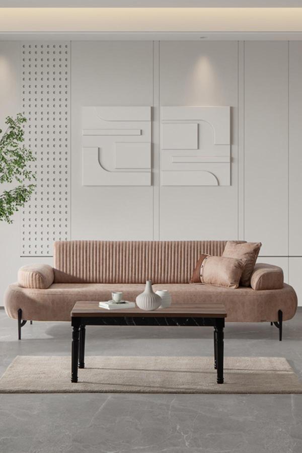 Sandalie Cross Üçlü Salon&Oturma Odası Kanepe - Krem - Image 1