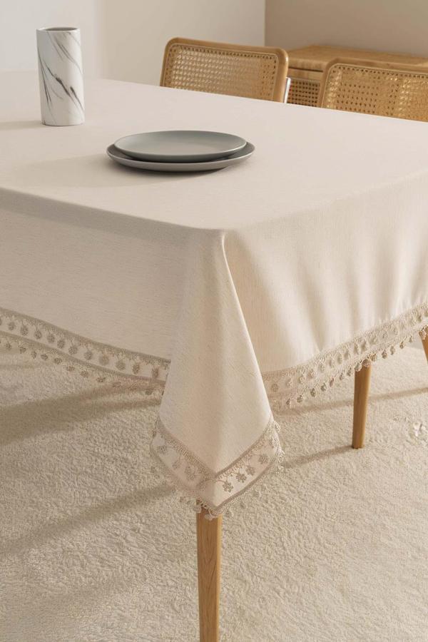 Elegant Bej Çift Sıra Güpür Masa Örtüsü 160x220 cm - Image 1