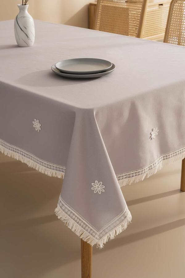 Silvio Gri Güpür Çiçekli Masa Örtüsü 160x220 cm - Image 1