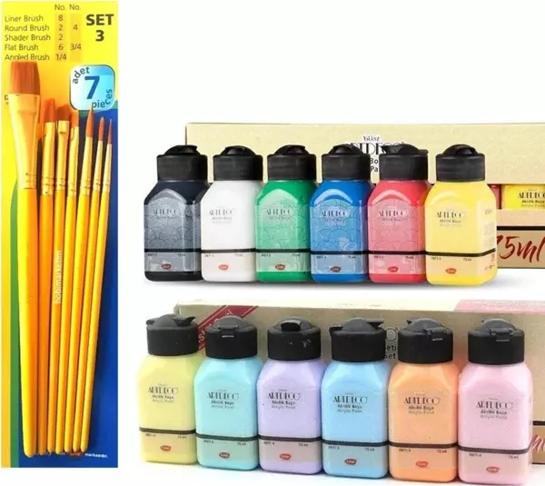 ARTDECO Akrilik Boya Seti 12 X 75 (Canlı Ve Pastel Renkler) Fanart Set3 (7li) Fırça Hediyeli - Image 1
