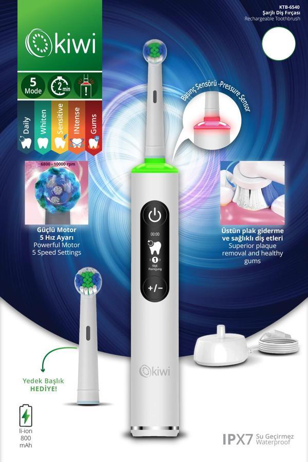 KTB-6540 Şarjlı Diş Fırçası | 5 Farklı Mod & LCD Ekran Beyaz - Image 1