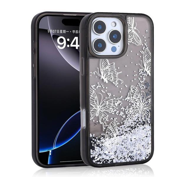 iPhone 15 Pro Max Kılıf Sıvılı Simli Kelebek Baskılı Şeffaf Arka Yüzey MKST Glis Silikon Kapak - Siy - Image 1