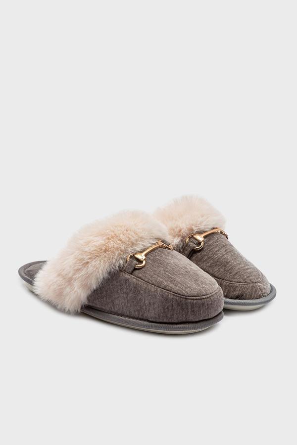 Twigy Tw Maya Tokalı Yumuşak Tüylü Bayan Panduf GG0140 GRİ - Image 1