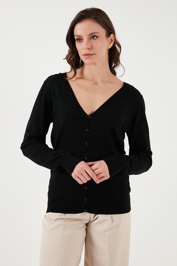 Fashion Friends Regular Fit V Yaka Düğmeli Bayan Hırka 25K0781K1 SİYAH - Image 1