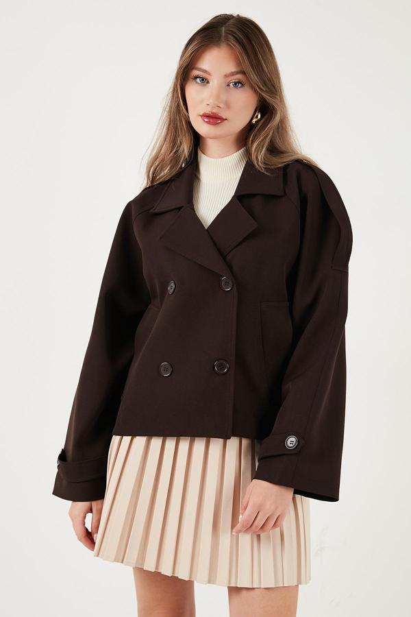 Lela Regular Fit Kruvaze Yaka Düğmeli Astarlı Ceket Bayan Mont 6524955 KAHVE - Image 1