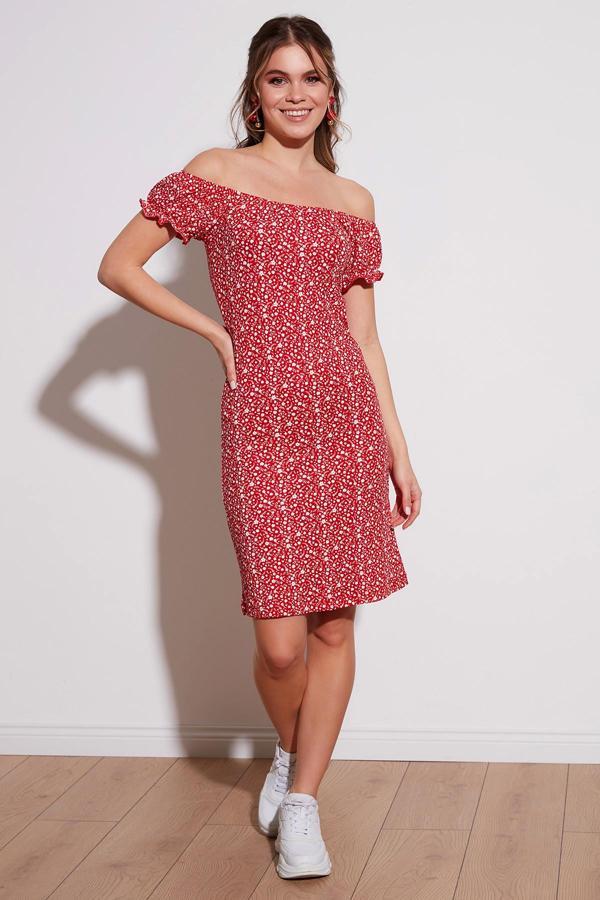 Lela Çiçek Desenli Carmen Yaka Bayan Elbise 5863700 KIRMIZI - Image 1