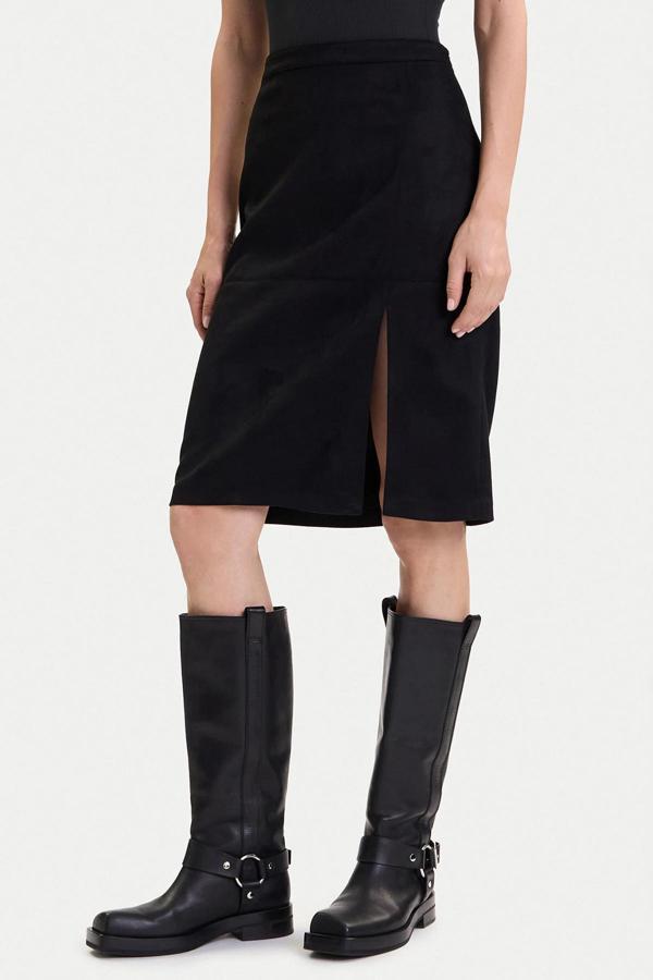 Only Onloline Regular Fit Suni Deri Yırtmaçlı Bayan Etek 15357433 SİYAH - Image 1