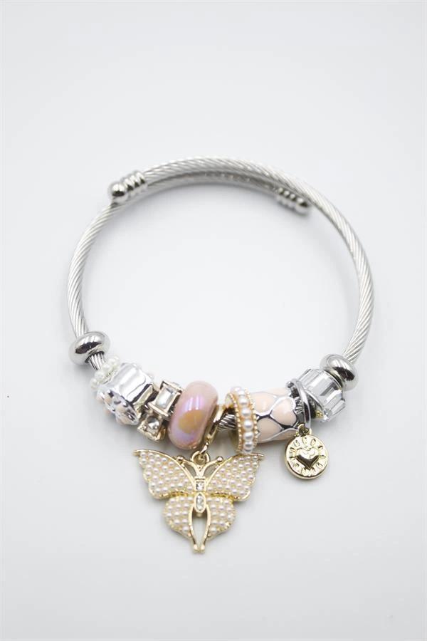 Çelik Charmlı Kelebek Bileklik - Pembe - Image 1