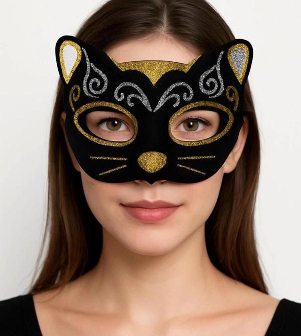 BFS  Kadife Dokulu Sim Detaylı Işıltılı Kedi Maskesi Altın Gümüş 20x13 cm - Image 1