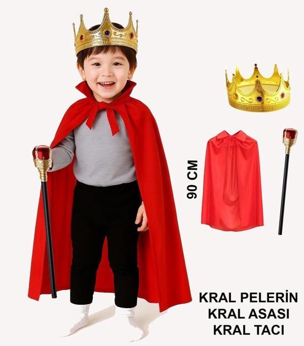 BFS  Çocuk Kral Kostüm Seti – Kırmızı Pelerin, Taç ve Asa (90 cm) - Image 1