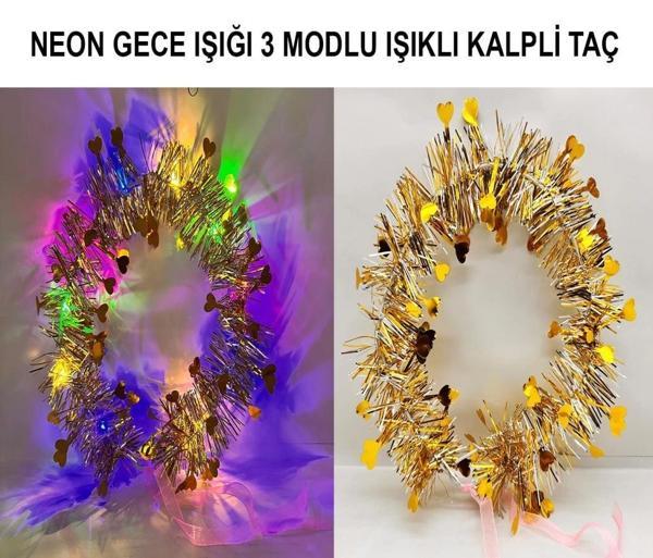 BFS   Kalp Püsküllü Gece Parıltısı 3 Modlu LED&#39;li Işıklı Taç Altın Renk - Image 1