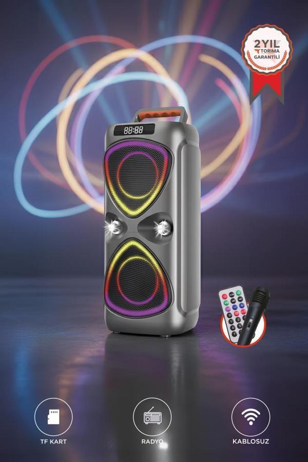 TORIMA D78 Gri Kablosuz Bluetooth Hoparlör Mikrofonlu LED Işıklı 8W+8W Parti Speaker - Image 1