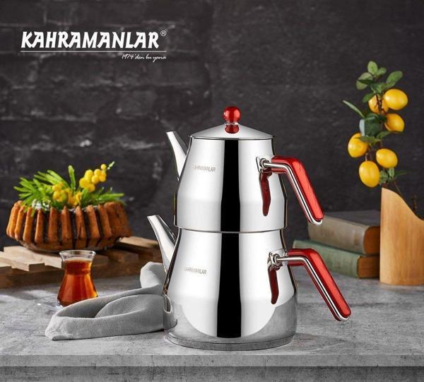 Kahramanlar Prizma Orta Boy Çelik Çaydanlık Takımı Kırmızı - Image 1