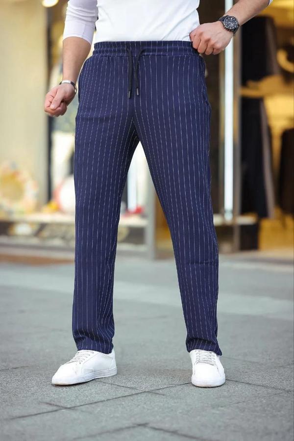 Erkek Cizgili Dokuma Krep Jogger Buggy Pantalon Rahat kalıp - Lacivert - Image 1