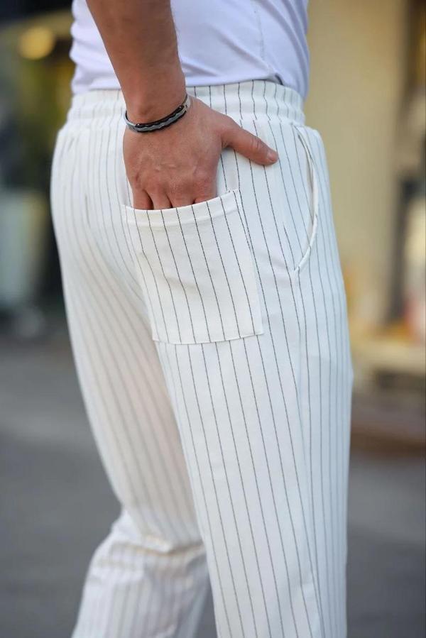 Erkek Cizgili Dokuma Krep Jogger Buggy Pantalon Rahat kalıp - Beyaz - Image 1