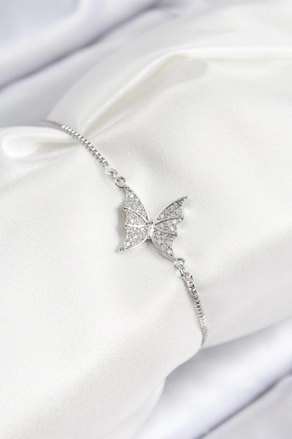 BFS Pirinç Zirkon Taşlı Kelebek Model Gümüş Renk Asansörlü Kadın Bileklik - Image 1