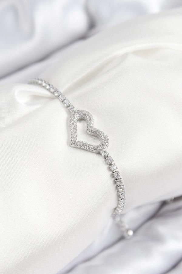 BFS Pirinç Zirkon Taşlı Kalp Model Gümüş Renk Asansörlü Kadın Bileklik - Image 1