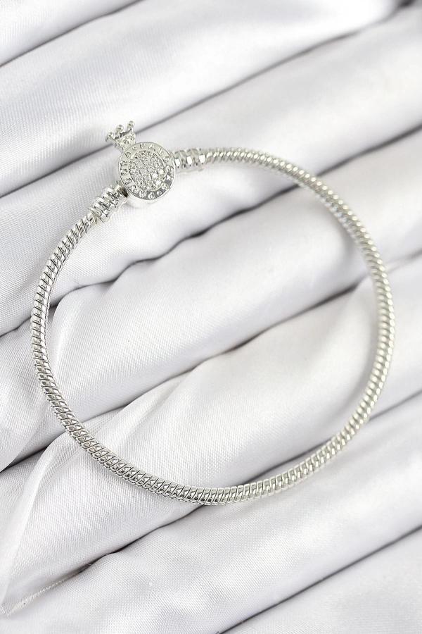 BFS Pirinç Charm Zirkon Taşlı Taç Model Gümüş Renk Kadın Bileklik - Image 1