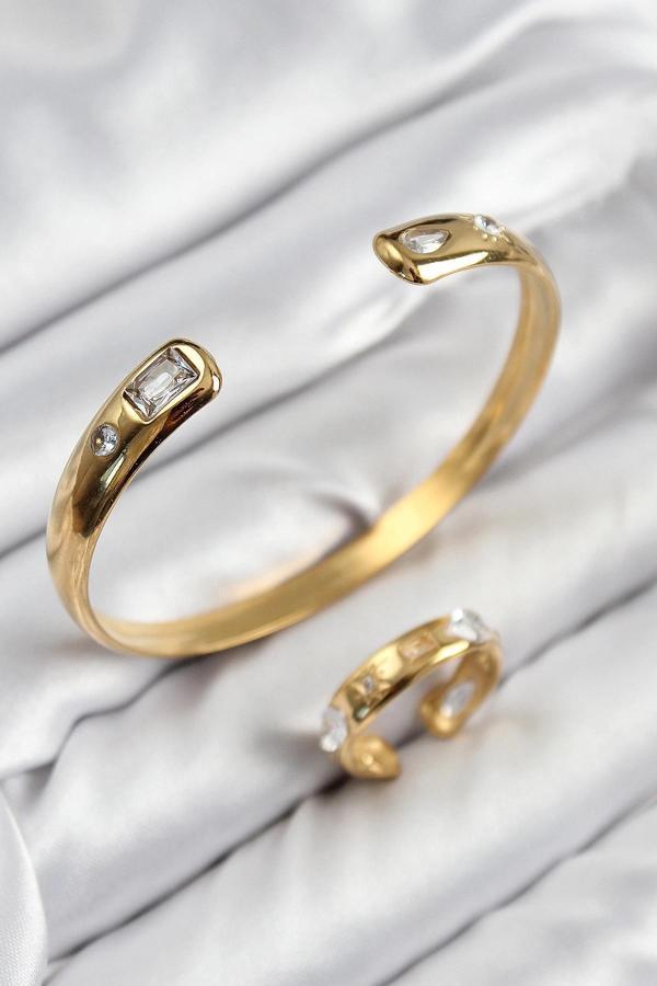 BFS Pirinç Zirkon Taşlı Ayrık Model Gold Renk Bileklik Yüzük Set - Image 1