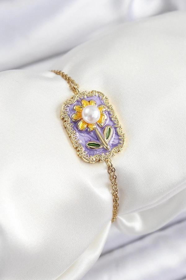 BFS 316L Çelik Zincir Mor Mineli Sanatsal Portre İnci Detaylı Papatya Model Gold Renk Kadın Bileklik - Image 1
