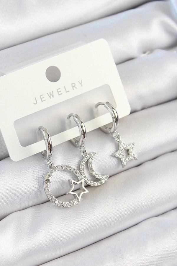 BFS Pirinç Zirkon Taşlı Ay Ve Yıldız Model Gümüş Renk 3'lü Çift Kadın Küpe Set - Image 1