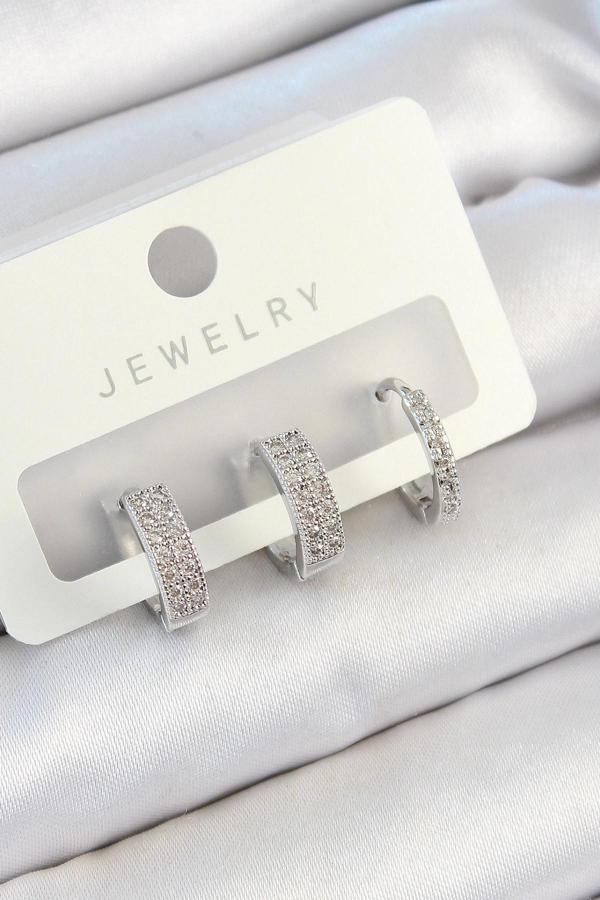 BFS Pirinç Zirkon Taşlı Halka Model Gümüş Renk 3'lü Çift Kadın Küpe Set - Image 1